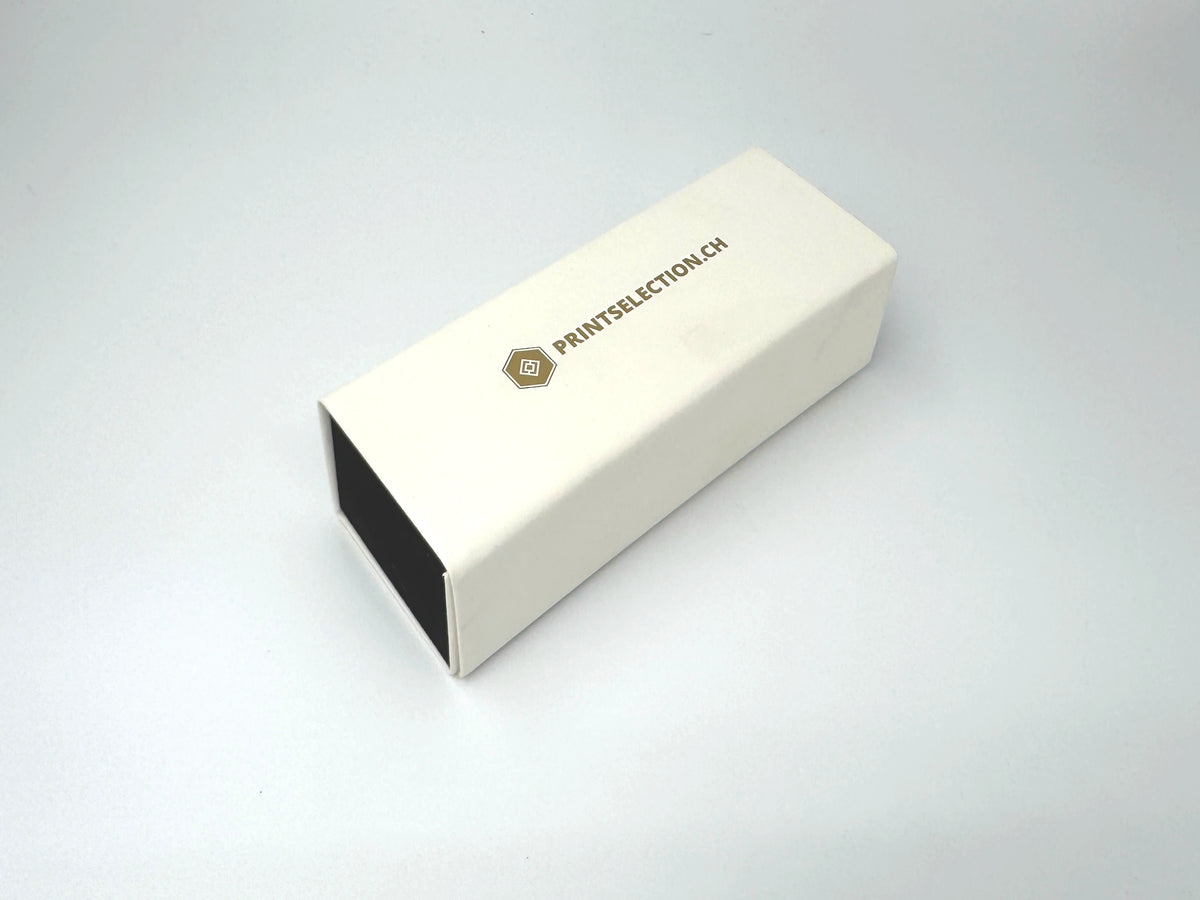 Faltbares Brillenetui Material Weiss glatt und Logo Gold