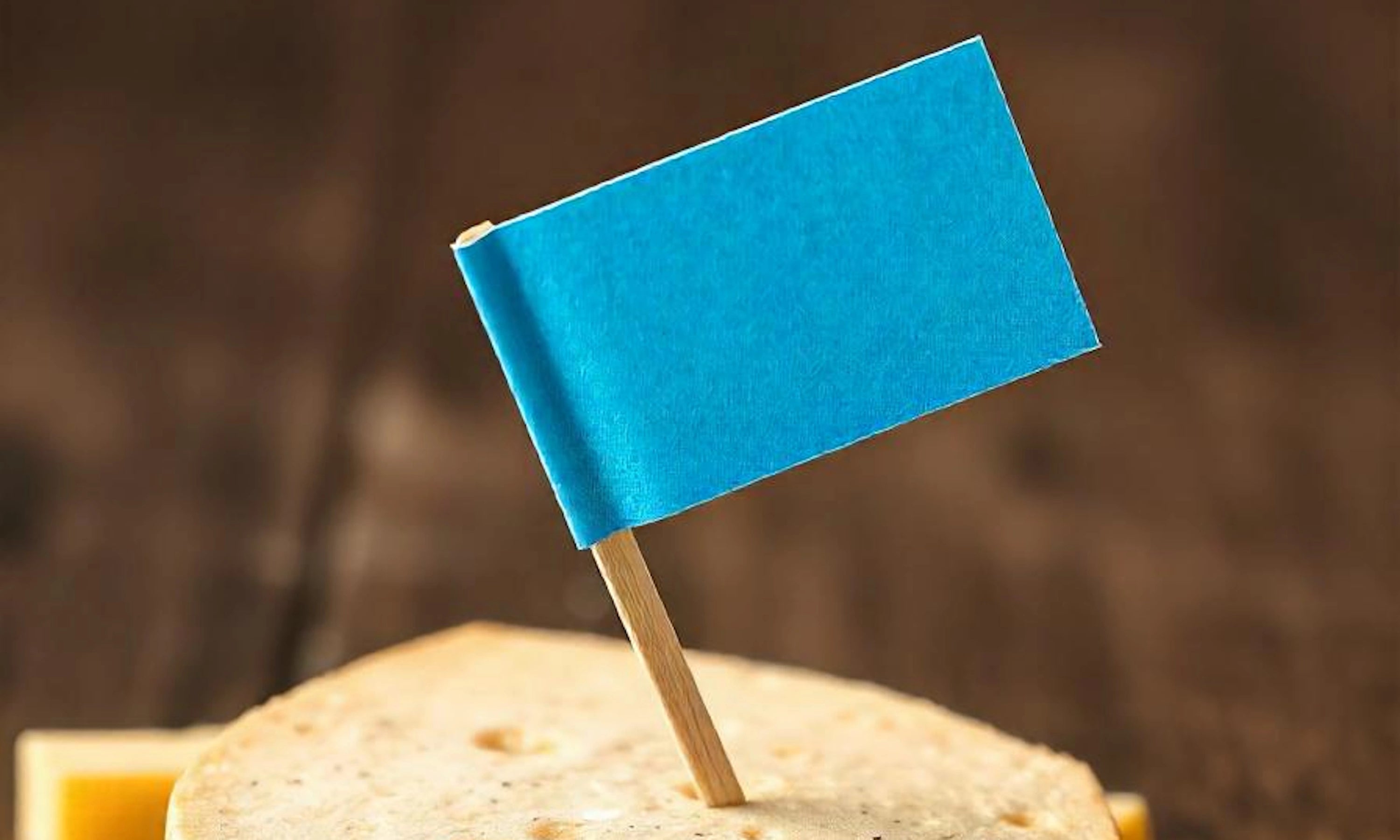 Zahnstocherfahne blau in Käse